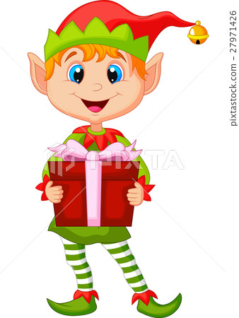 Cute christmas elf holding a gift Cute christmas elf holding a gift 27971426