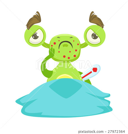 Sick Funny Monster With Fever In Bed, Green Alien 27972364
