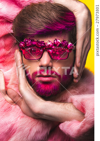 Man in a Pink Fur Coat and Carnival Glasses 27973801