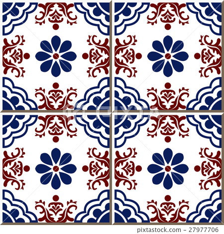 Ceramic tile elegant vintage blue and red flower. 27977706