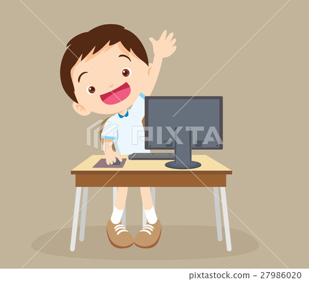 Computer Handed Boy student boy learning computer hand up - Stock Illustration [27986020 ...