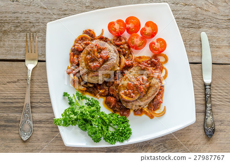 图库照片 angus beef steaks with roasted tomato sauce