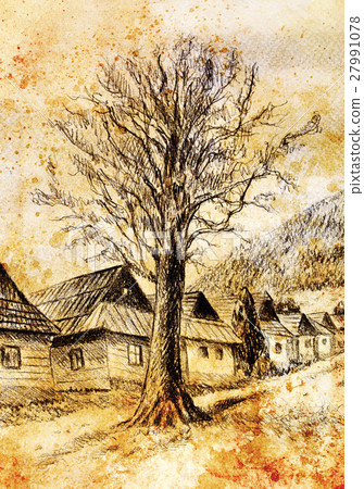 lime tree in old time mountain willage, pencil lime tree in old time mountain willage, pencil 27991078