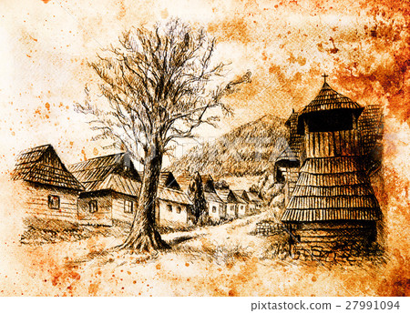 vintage mountain oldtime willage with wooden 27991094