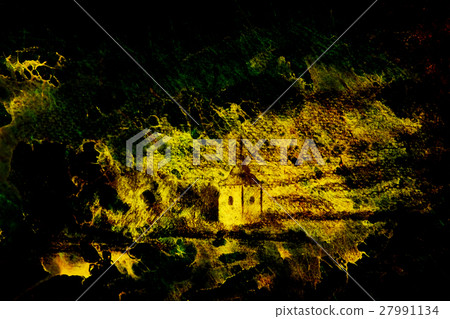 landcsape scenery with lake, chapel and mountains landcsape scenery with lake, chapel and mountains 27991134