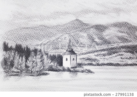 landcsape scenery with lake, chapel and mountains landcsape scenery with lake, chapel and mountains 27991138