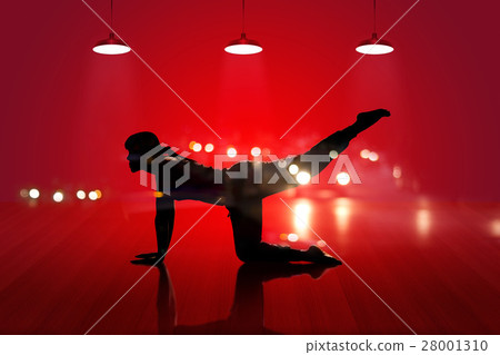 woman yoga exercise on red wooden floor background 28001310