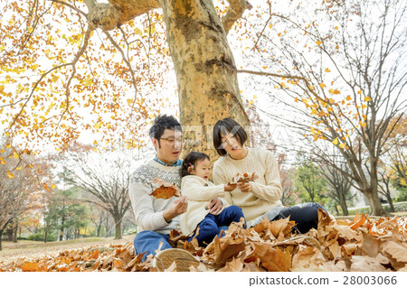 Three-person family playing in autumn park 28003066