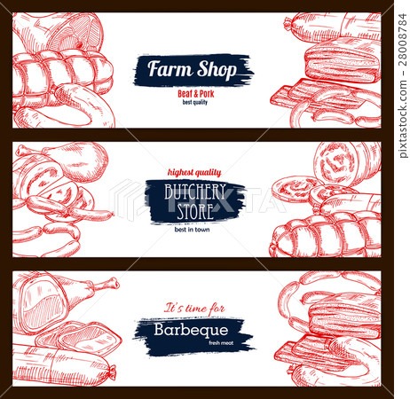Butchery shop meat sausages banners sketch set Butchery shop meat sausages banners sketch set 28008784