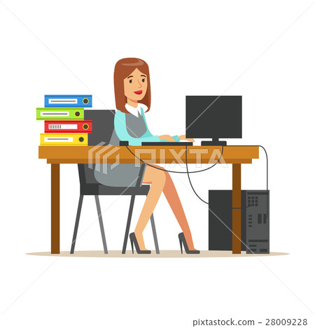 Woman Working At Her Desk With Computer And 28009228