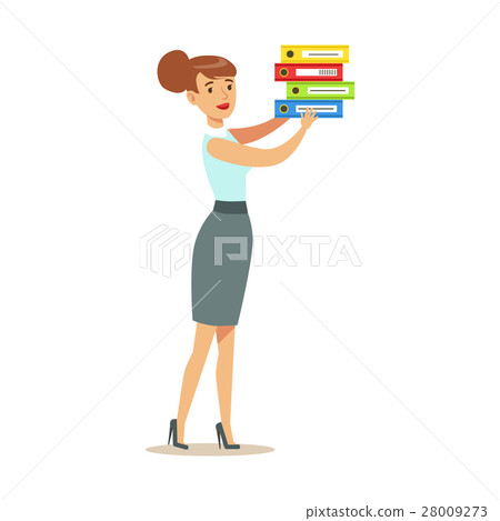 Manager In Blue Vest Puts Pile Of Folders, Part Of Manager In Blue Vest Puts Pile Of Folders, Part Of 28009273