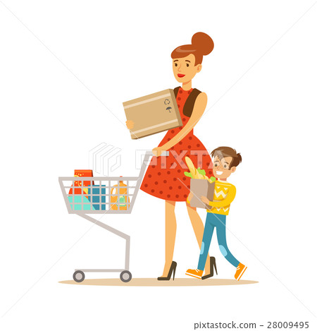 Mother And Son With Cart Shopping In Department 28009495