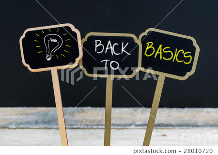BACK TO BASICS and light bulb as symbol for idea 28010720