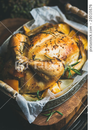 Close-up of Christmas roasted whole chicken with Close-up of Christmas roasted whole chicken with 28010876