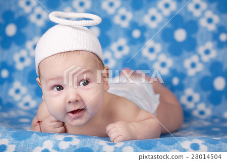 cute angel baby on blue background cute angel baby on blue background 28014504