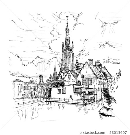 Scenic city view of Bruges canal with beautiful Scenic city view of Bruges canal with beautiful 28015607