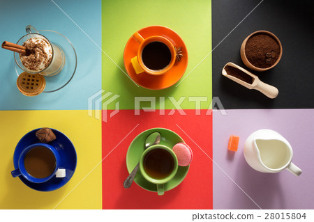 cup of coffee, tea and cacao at background 28015804