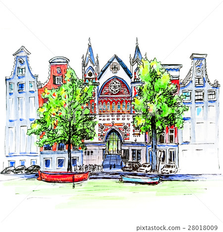 City view of Amsterdam canal, houses and church 28018009