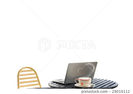 Laptop and coffee cup on desk in flowers garden 28018112