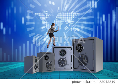 Businesswoman walking on top of safe 28018849