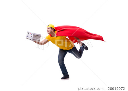 Super hero pizza delivery guy isolated on white Super hero pizza delivery guy isolated on white 28019072