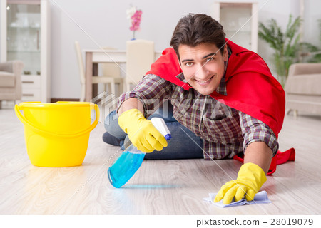 Super hero husband cleaning floor at home 28019079