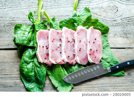 Raw meat steaks on spinach leaves 28020005