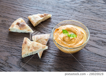A bowl of hummus with pita slices A bowl of hummus with pita slices 28020028