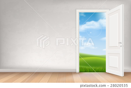 stucco wall and open door with landscape view 28020535