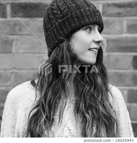Woman Beanie Hat Hipster Style Brick Wall Smiling Concept Woman Beanie Hat Hipster Style Brick Wall Smiling Concept 28026943