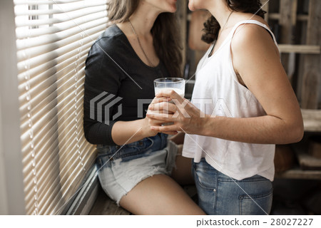 Lesbian Couple Together Indoors Concept Lesbian Couple Together Indoors Concept 28027227