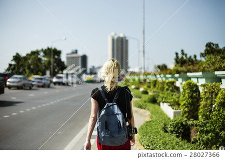 Women Walking Streetside Caucasian Camrea Traveler Concept Women Walking Streetside Caucasian Camrea Traveler Concept 28027366