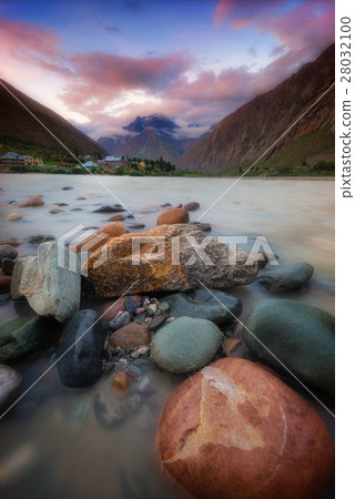Jispa, Bhag river landscape view at sunset 28032100
