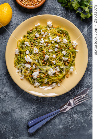 Zucchini  Zoodles Pasta with Pine nuts and Feta. 28033078