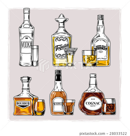 set of bottles with alcohol and stemware 28033522