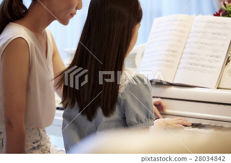 A girl who receives a piano lesson 28034842