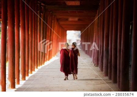 Young Buddhist monk walking and reading Young Buddhist monk walking and reading 28035674