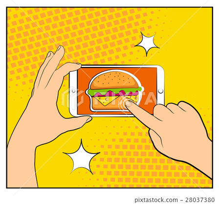 Comic phone with halftone shadows and Hamburger. 28037380