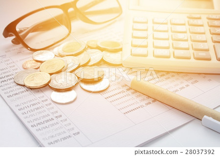 Money, calculator, passbook on white background 28037392