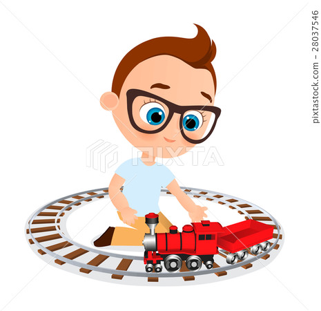 Young Boy with glasses and toy train. 28037546