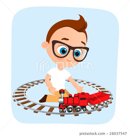 Young Boy with glasses and toy train. Young Boy with glasses and toy train. 28037547