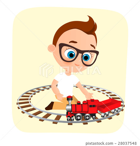 Young Boy with glasses and toy train. Young Boy with glasses and toy train. 28037548