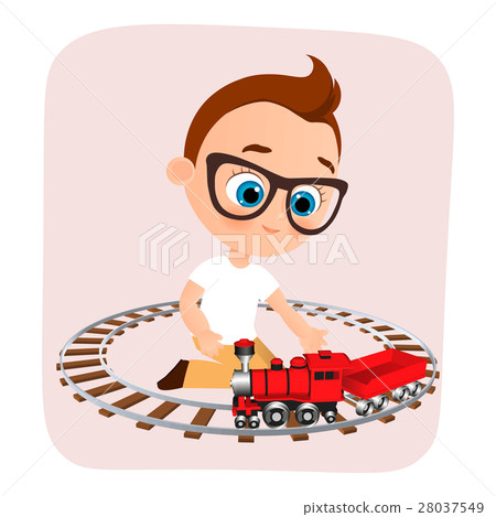 Young Boy with glasses and toy train. 28037549