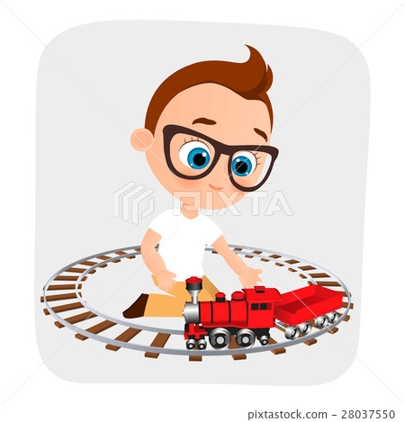 Young Boy with glasses and toy train. Young Boy with glasses and toy train. 28037550