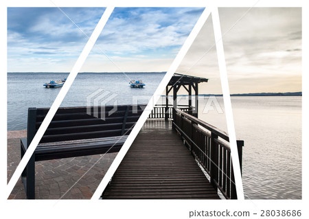 The wooden gazebo on Lake Garda. Collage The wooden gazebo on Lake Garda. Collage 28038686