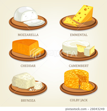 Set of isolated chunks of cheese on plates 28043249
