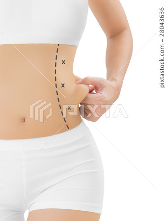 Woman grabbing skin on her flanks. Woman grabbing skin on her flanks. 28043636