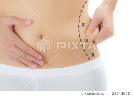 Woman grabbing skin on her flanks. Woman grabbing skin on her flanks. 28043638