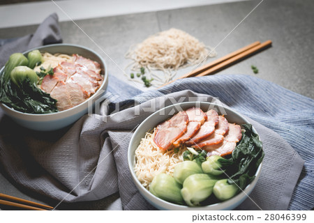 delicious egg noodle with red pork and vegetable delicious egg noodle with red pork and vegetable 28046399