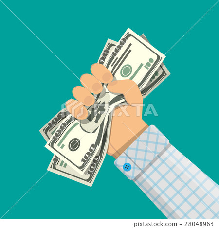 Hand of businessman squeezes dollar bill Hand of businessman squeezes dollar bill 28048963
